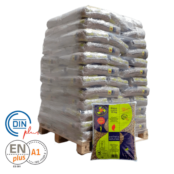 Pellets Asturias –  72 sacos, certificado DIN ENplus A1 de 15 kg.