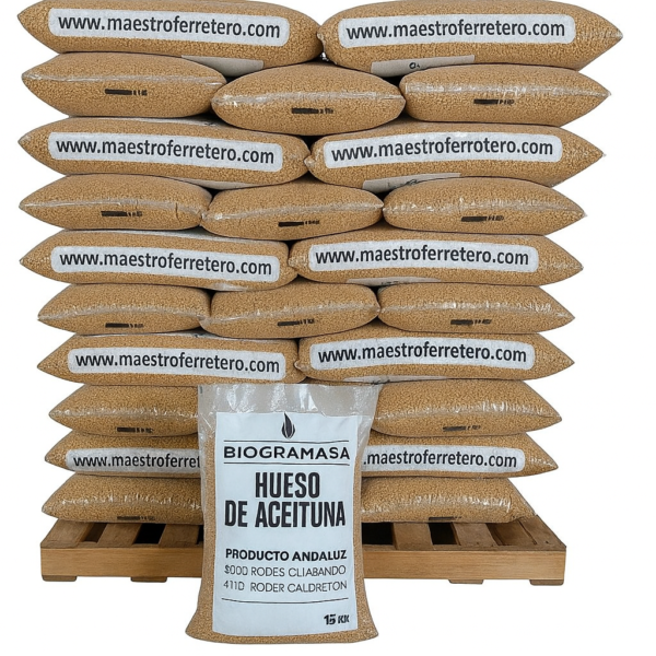 Biogramasa - Palet 77 Sacos de Hueso de Aceituna 15 kg - Biocombustible Ecológico para Estufas y Calderas